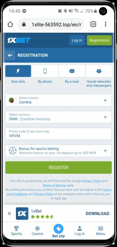1xbet zambia registration