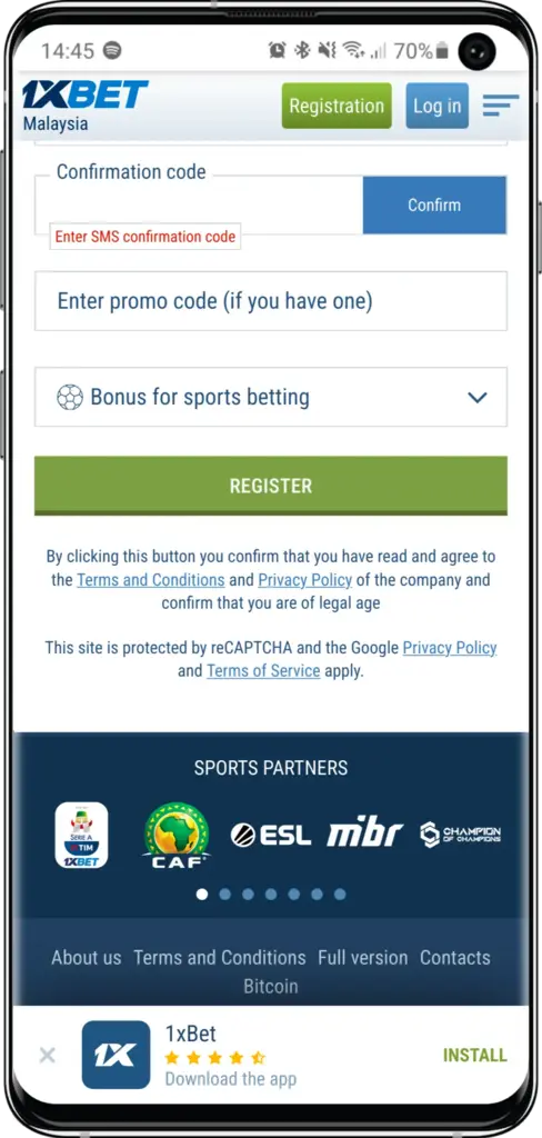 1xbet confirmation field