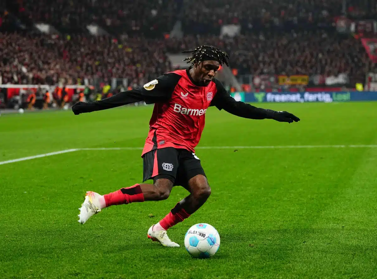 Jeremie Frimpong of Bayer 04 Leverkusen controls the ball during a DFB pokal quarter final game