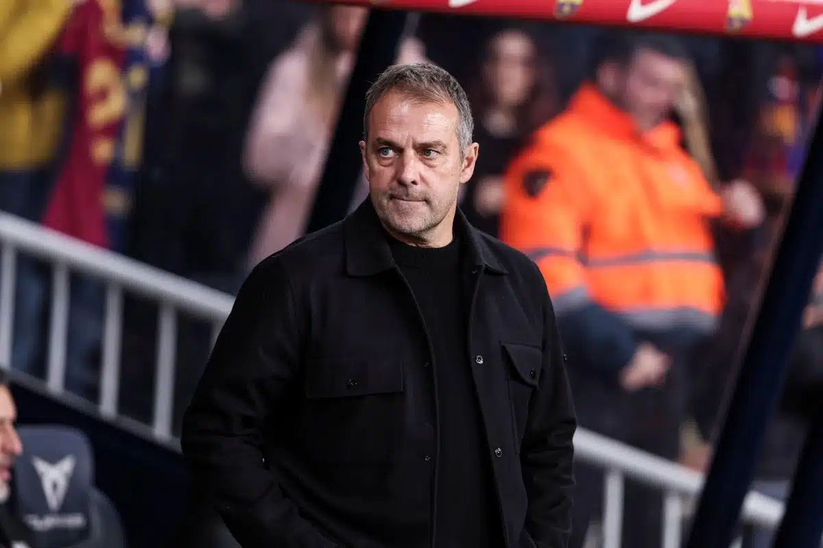 Hansi Flick looks on during the Spanish Cup football match between Barcelona and Atletico Madrid