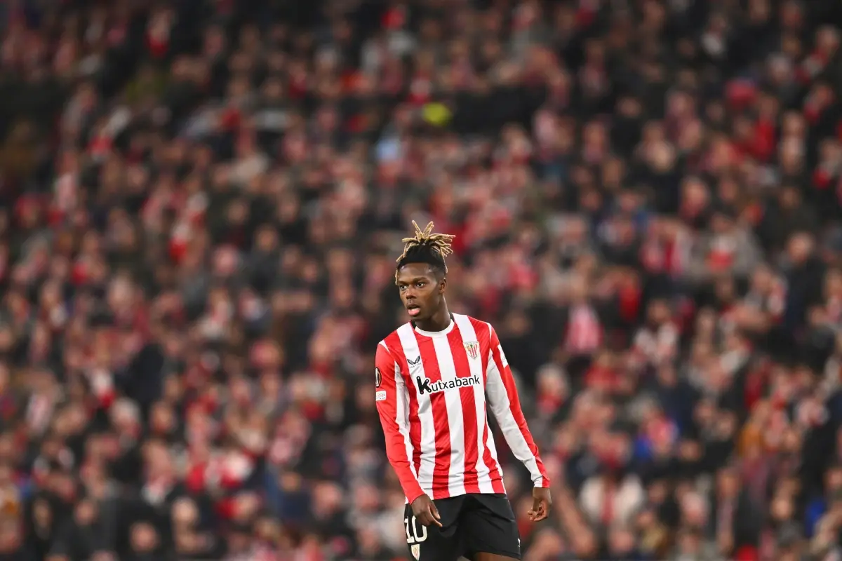 Athletic Bilbao's Nico Williams looks on during the Europa League opening phase soccer match between Athletic Bilbao and Viktoria Plzen at the San Mames stadium in Bilbao, Spain
