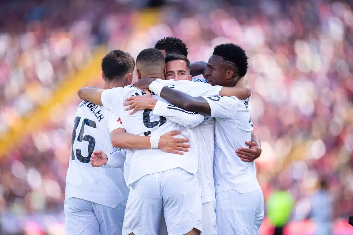Players of Real Madrid celebrate a goal during the LaLiga football match between FC Barcelona and Real Madrid in Lluis Companys Olympic Stadium