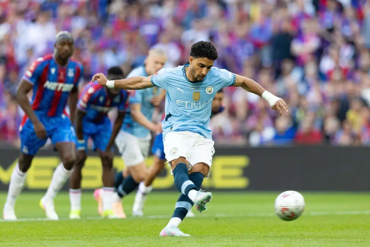 Omar Marmoush performing a penalty during the Crystal Palace vs Manchester City Emirates FA Cup Final at Wembley Stadium.
