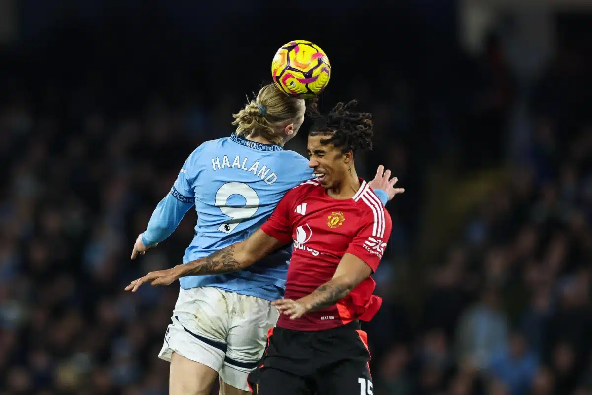 Leny Yoro of Manchester United and Erling Haaland of Manchester City, December 2024