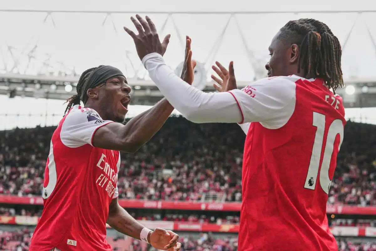 Arsenal's Noni Madueke and Eberechi Eze celebrate after a goal during the Premier League soccer match between Arsenal and Nottingham Forest